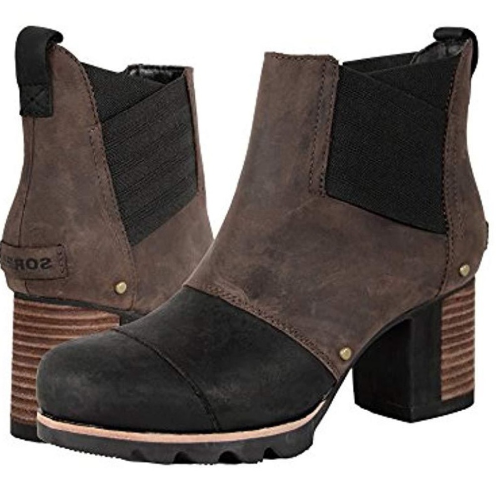 Sorel Addington Chelsea Boots Tobacco Brown Black Heeled Bootie